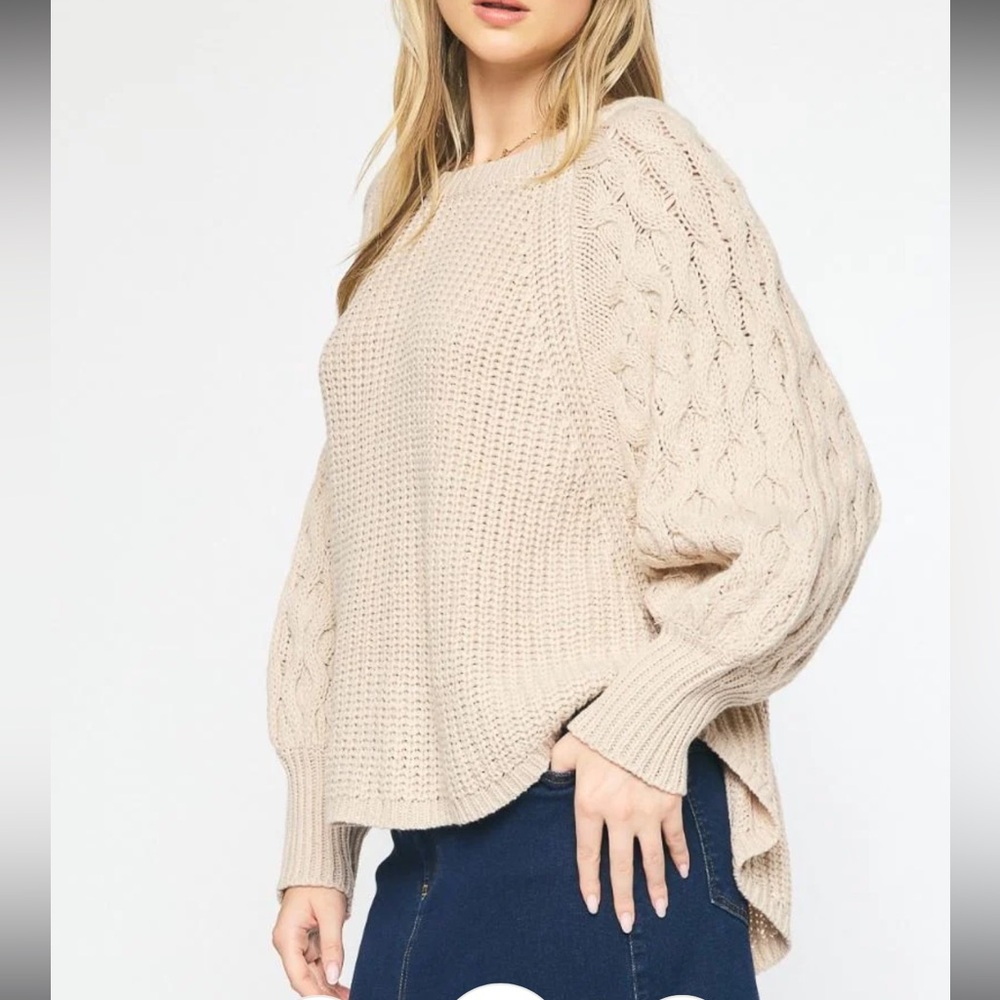 Entro Oversized Chunky Cable Knit Sweater with Statement Sleeves - Oatmeal - L